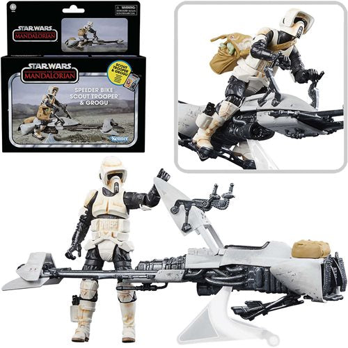 Star Wars The Vintage Collection Speeder Bike Vehicle with 3 3/4-Inch Scout Trooper and Grogu Action Figures.