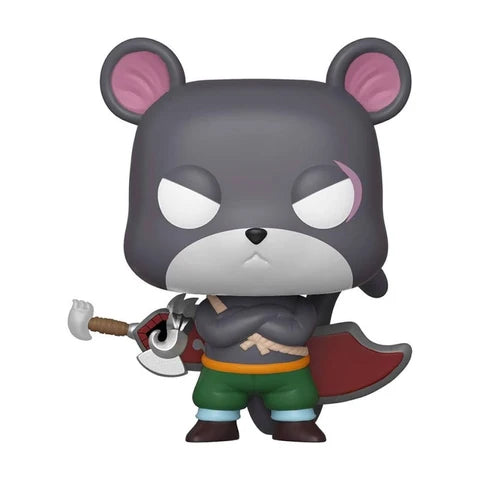 Funko Pop! vinyl figure of a stylized gray bear character with pink inner ears, white eyes, a red cape, green pants, and a small axe, shown on a plain white background.