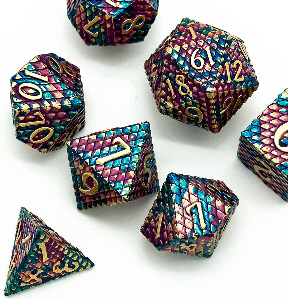 DND Metal Dice Set Dragon Scale, D&D Dice Metal for Role Playing Games, Polyhedral Dice Set DND for Dungeons and Dragons (Blue Purple-Golden Number)
