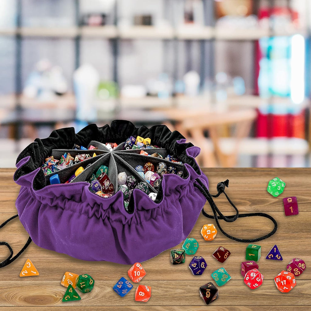 Large Dice Bag with Pockets Big Capacity Dice Bag Drawstring Dice Pouch DND Dice Storage Bag for RPG MTG Table Games, Hold over 300 Dice, Dark Violet