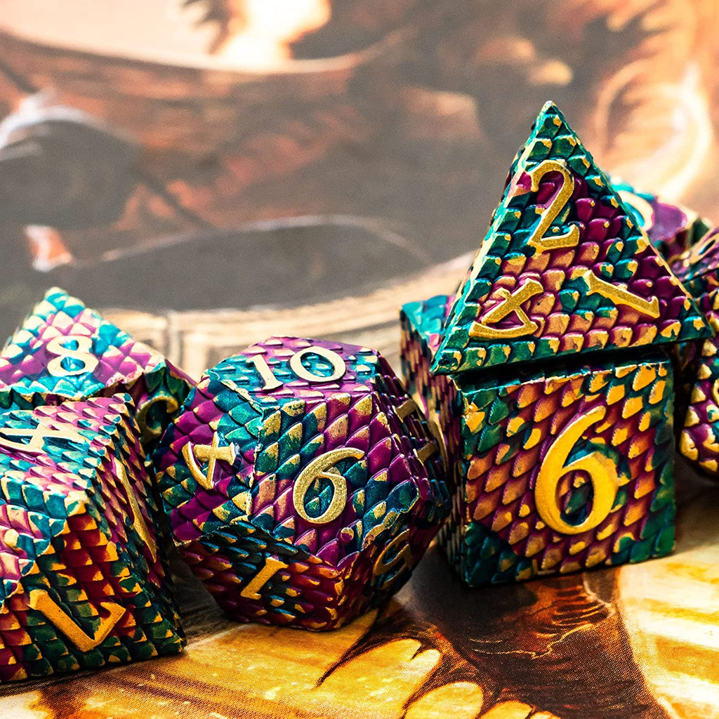 DND Metal Dice Set Dragon Scale, D&D Dice Metal for Role Playing Games, Polyhedral Dice Set DND for Dungeons and Dragons (Blue Purple-Golden Number)
