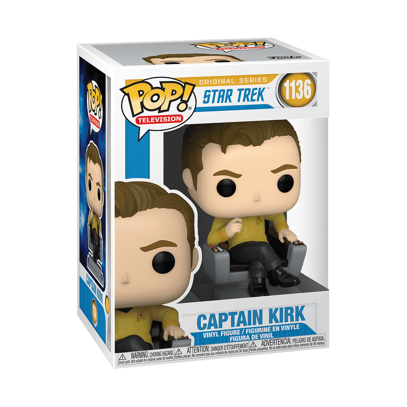 A Funko Pop! Television Captain Kirk vinyl figure in its original retail box, from the Star Trek Original Series line. The figure is depicted sitting in a chair, wearing his yellow command uniform with black boots.