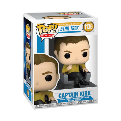 A Funko Pop! Television Captain Kirk vinyl figure in its original retail box, from the Star Trek Original Series line. The figure is depicted sitting in a chair, wearing his yellow command uniform with black boots.