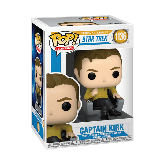 A Funko Pop! Television Captain Kirk vinyl figure in its original retail box, from the Star Trek Original Series line. The figure is depicted sitting in a chair, wearing his yellow command uniform with black boots.