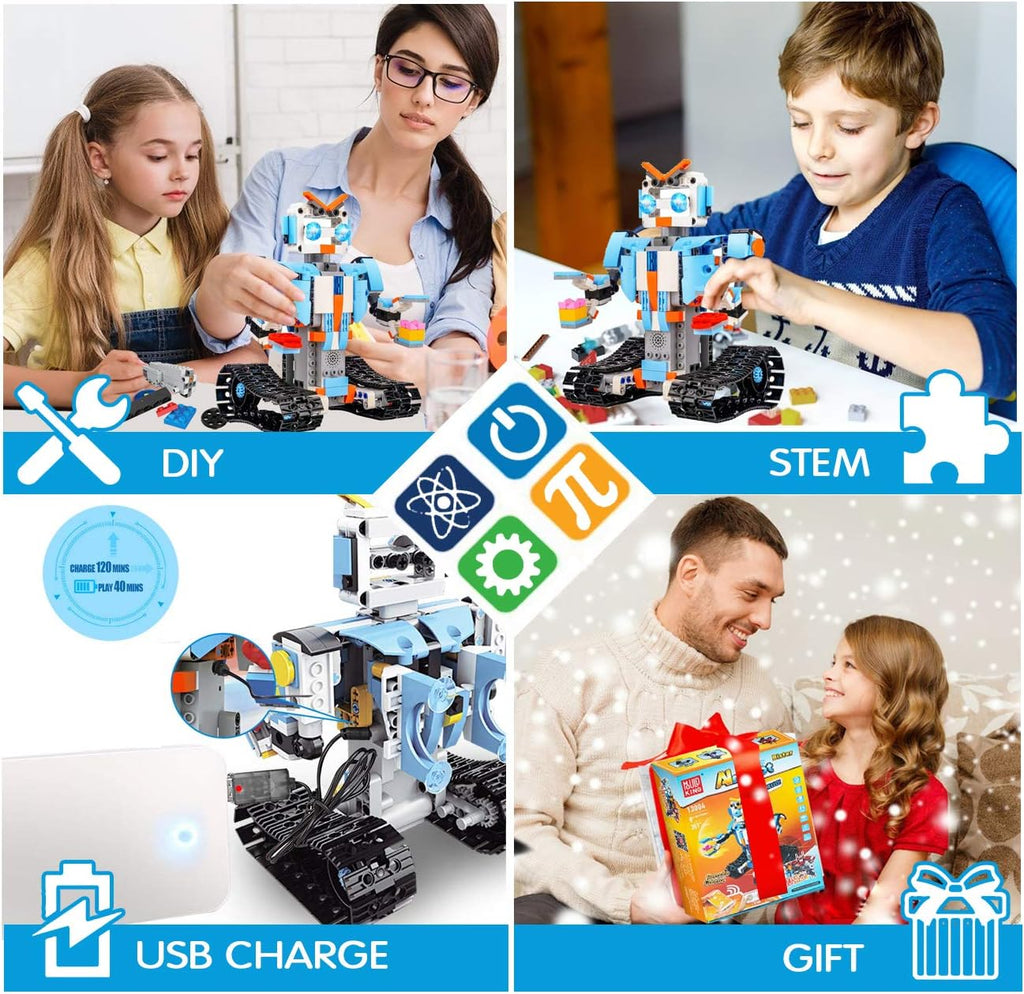 STEM Building Blocks Robot, Remote and APP Controlled Robot Creative Toys Educational Building Kits Intelligent Rechargeable Construction Building Robot Learning Toy Gift for Boys Girls
