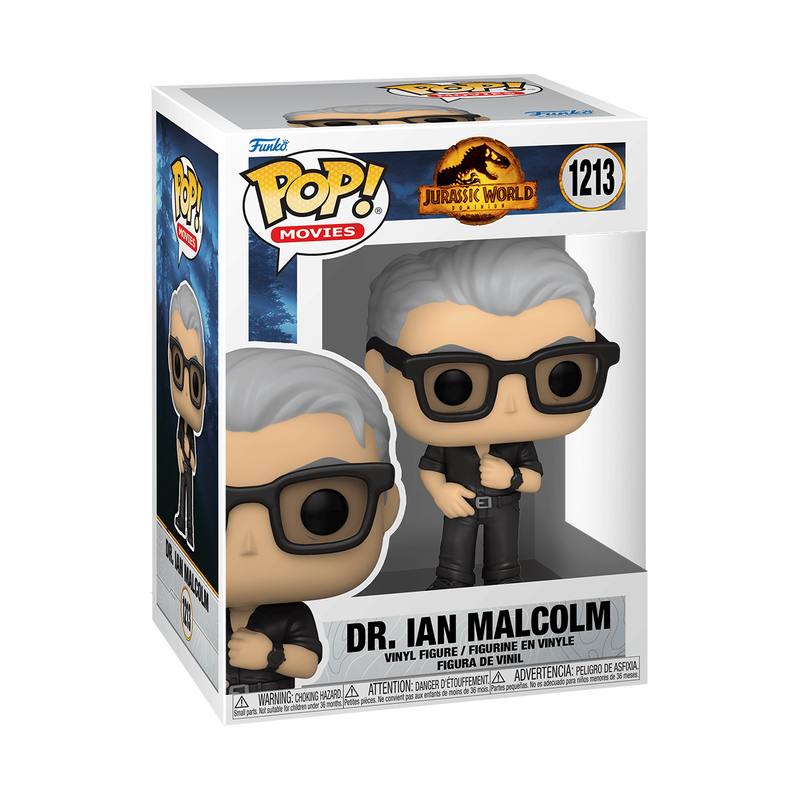 Funko Pop! Movies vinyl figure of Dr. Ian Malcolm from Jurassic World, number 1213, in its original window box packaging.