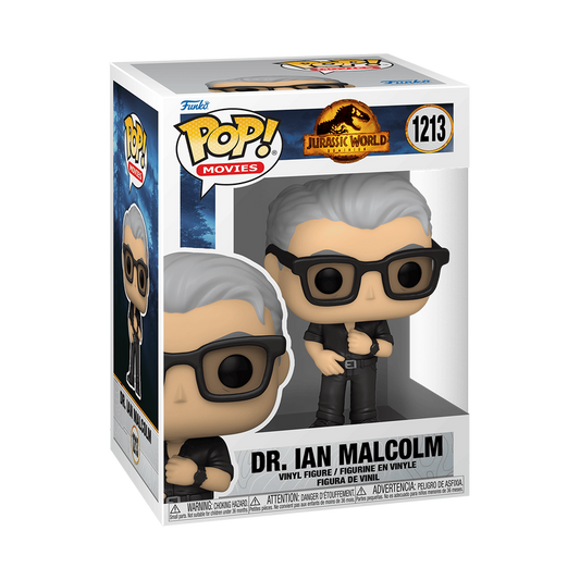 Funko Pop! Movies vinyl figure of Dr. Ian Malcolm from Jurassic World, number 1213, in its original window box packaging.
