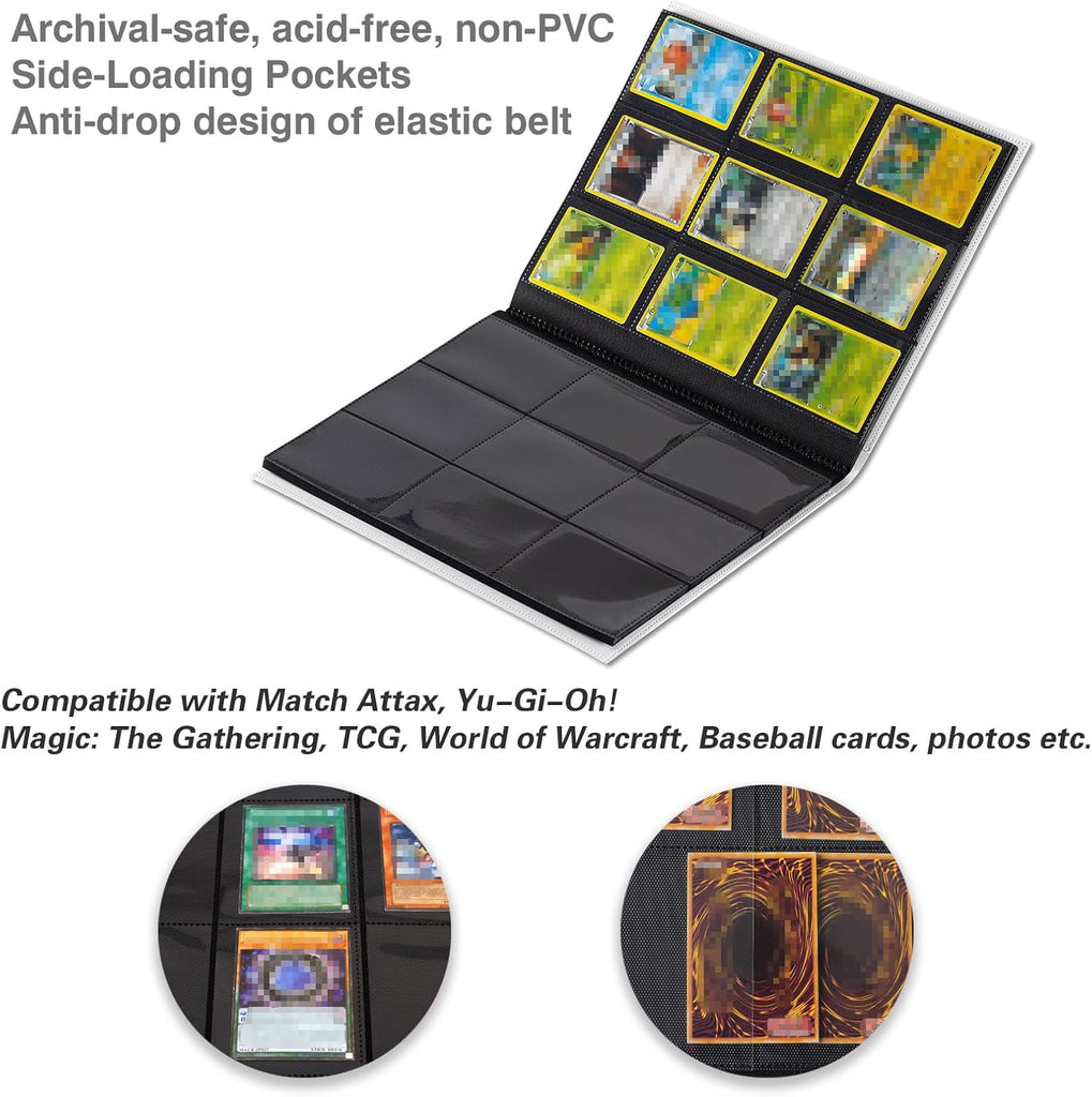 Card Binder, 9 Pockets Trading Card Album Folder, 360 Side Loading Pocket Binder for Sports&Game Cards, MTG and Other TCG, White