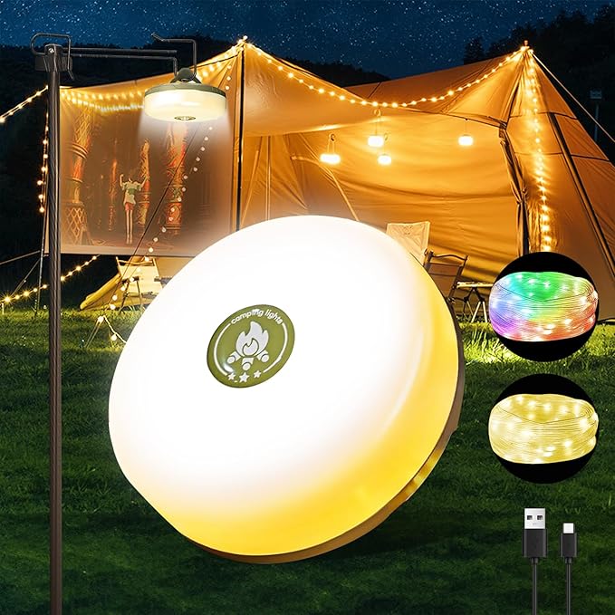 Camping String Lights,Camping Essentials Gear 32.8FT Lamp Lights Waterproof, 4 in 1 Outdoor String Lights with 8 Modes