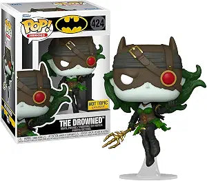 Funko Pop! Movies The Drowned vinyl figure number 424, shown next to its original window box packaging. The figure features a brown cowl, green hair, a white face, and a black and green costume, holding a gold trident.