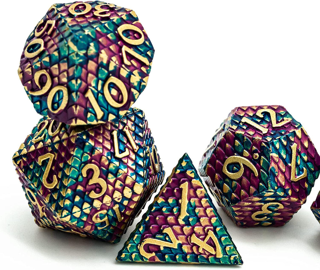 DND Metal Dice Set Dragon Scale, D&D Dice Metal for Role Playing Games, Polyhedral Dice Set DND for Dungeons and Dragons (Blue Purple-Golden Number)