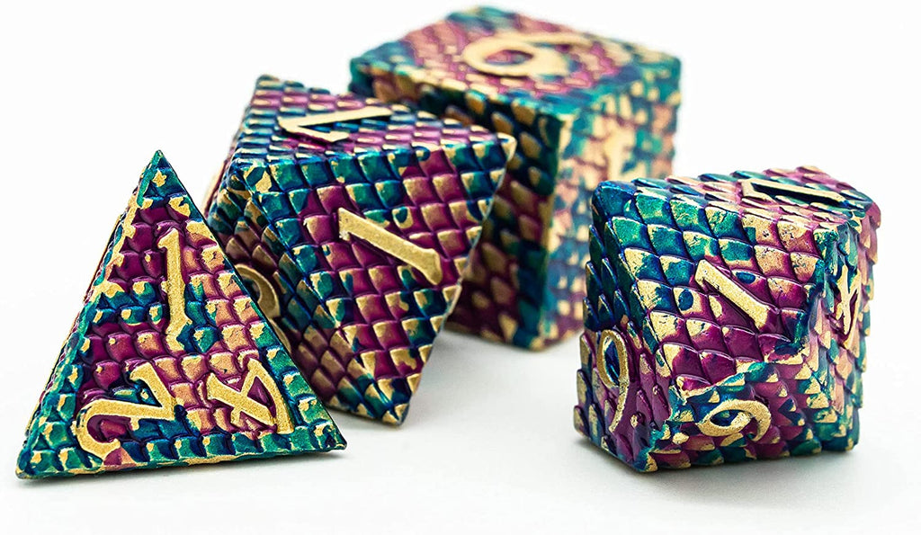DND Metal Dice Set Dragon Scale, D&D Dice Metal for Role Playing Games, Polyhedral Dice Set DND for Dungeons and Dragons (Blue Purple-Golden Number)