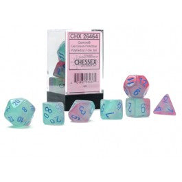 Chessex Gemini Gel Green-Pink/Blue Luminary 7 Die Set.