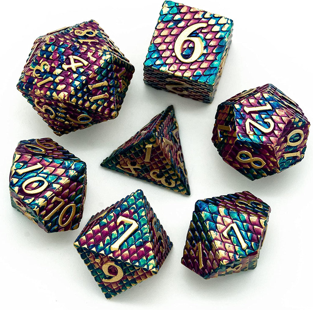 DND Metal Dice Set Dragon Scale, D&D Dice Metal for Role Playing Games, Polyhedral Dice Set DND for Dungeons and Dragons (Blue Purple-Golden Number)