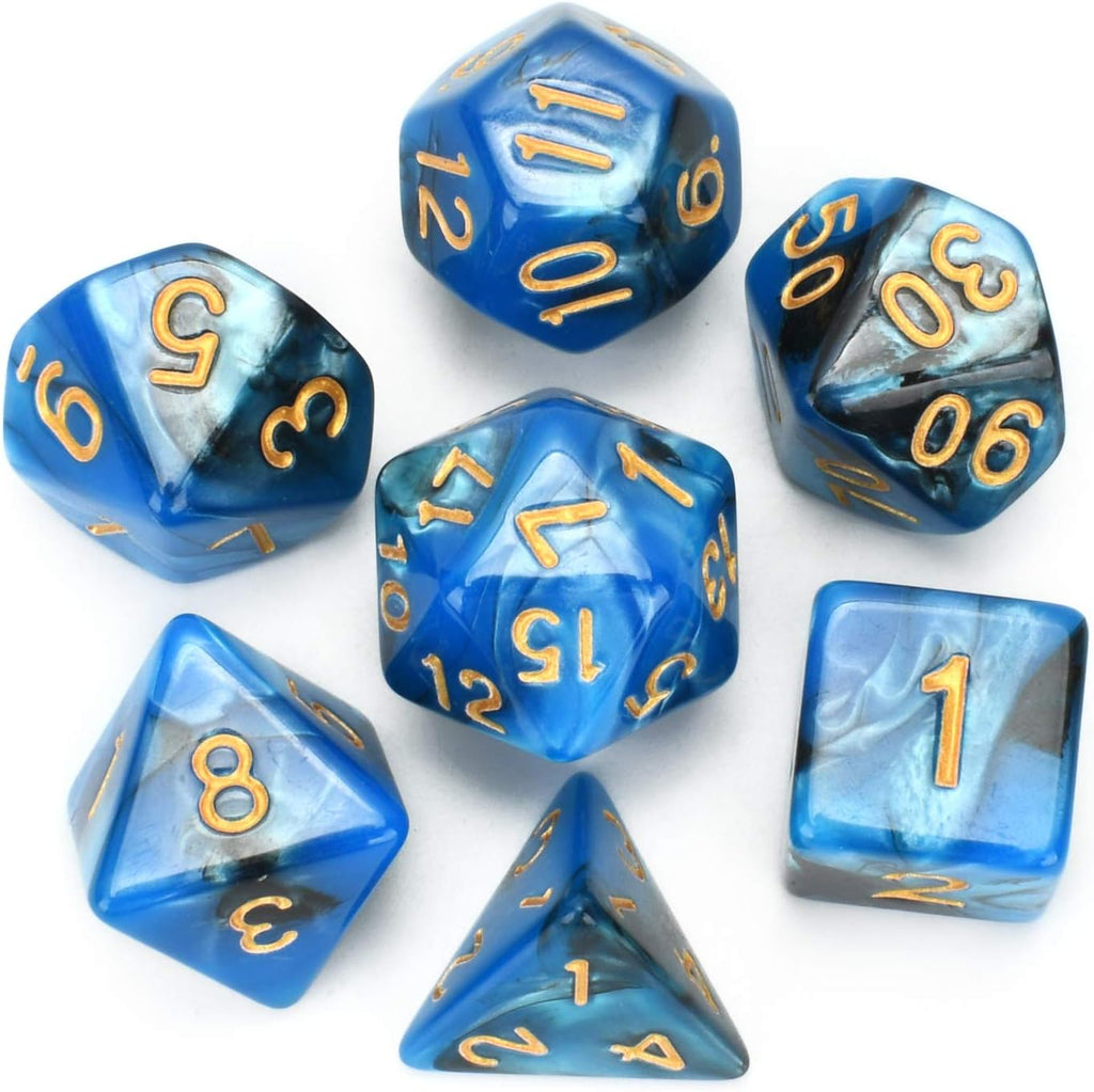 Pearl D&D Dice Set RPG Dice Polyhedral Dice D20 Dice DND Dice, D12, D10, D8, D6, D4 DND RPG MTG Double Colors Game Dice DND Dice Sets 7 Set Dice for Table Gaming(7 Pieces Blue Black)