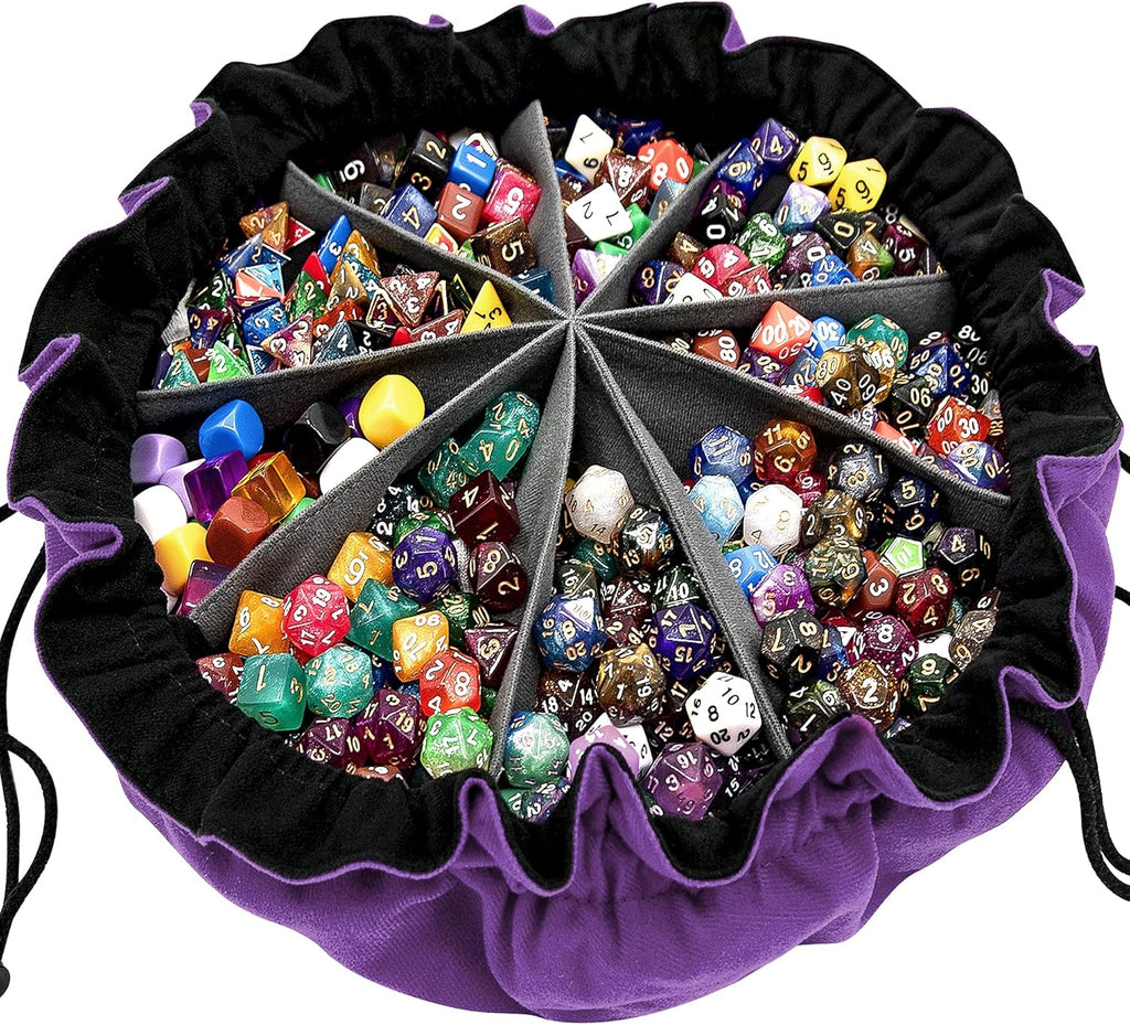 Large Dice Bag with Pockets Big Capacity Dice Bag Drawstring Dice Pouch DND Dice Storage Bag for RPG MTG Table Games, Hold over 300 Dice, Dark Violet
