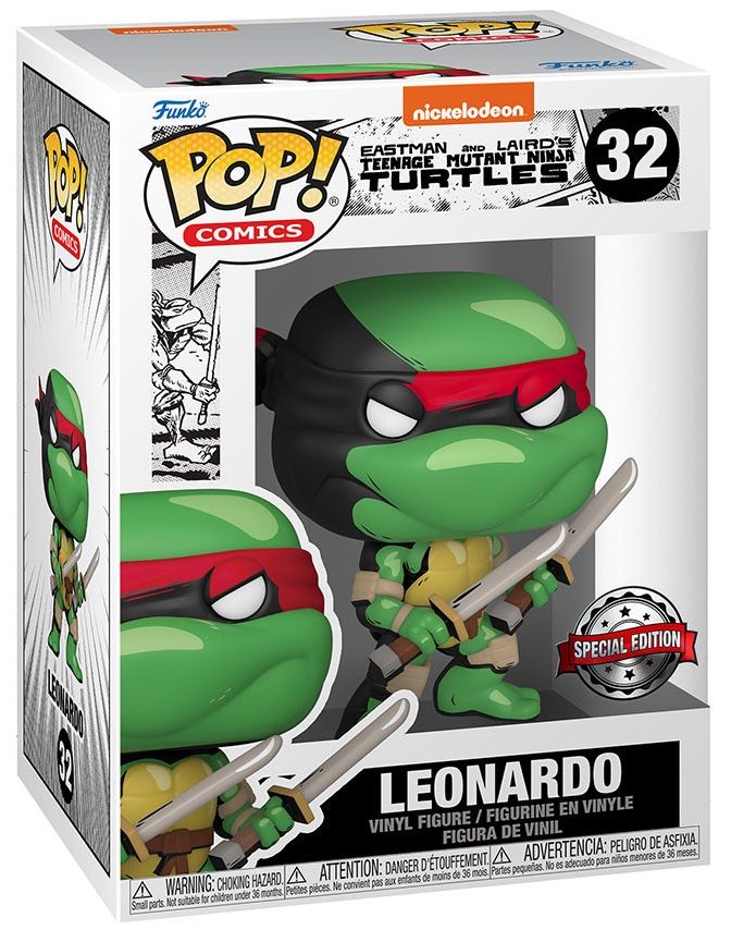 Funko Pop! Comics vinyl figure of Leonardo from Teenage Mutant Ninja Turtles, shown in its original retail box. The figure is green with a red bandana, black mask, and holds silver sai weapons.