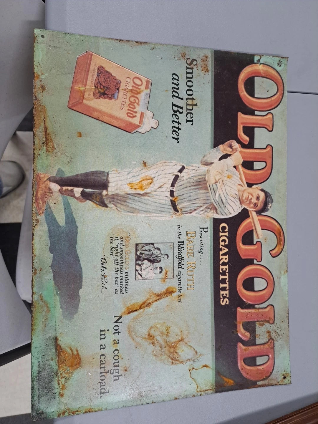 BABE RUTH OLD GOLD CIGARETTES Embossed Repro Tin Metal Sign 16-1/2 x 12-1/4 1991