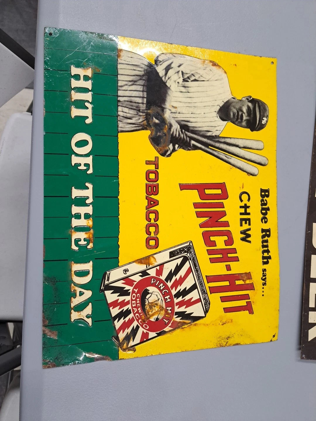 BABE RUTH SAYS... CHEW PINCH-HIT TOBACCO 11" X 14" 1989 HIT OF THE DAY TIN SIGN