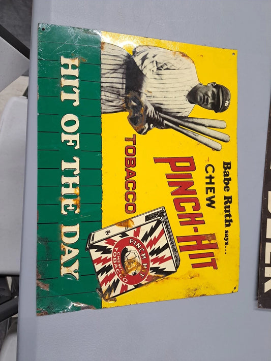 BABE RUTH SAYS... CHEW PINCH-HIT TOBACCO 11" X 14" 1989 HIT OF THE DAY TIN SIGN