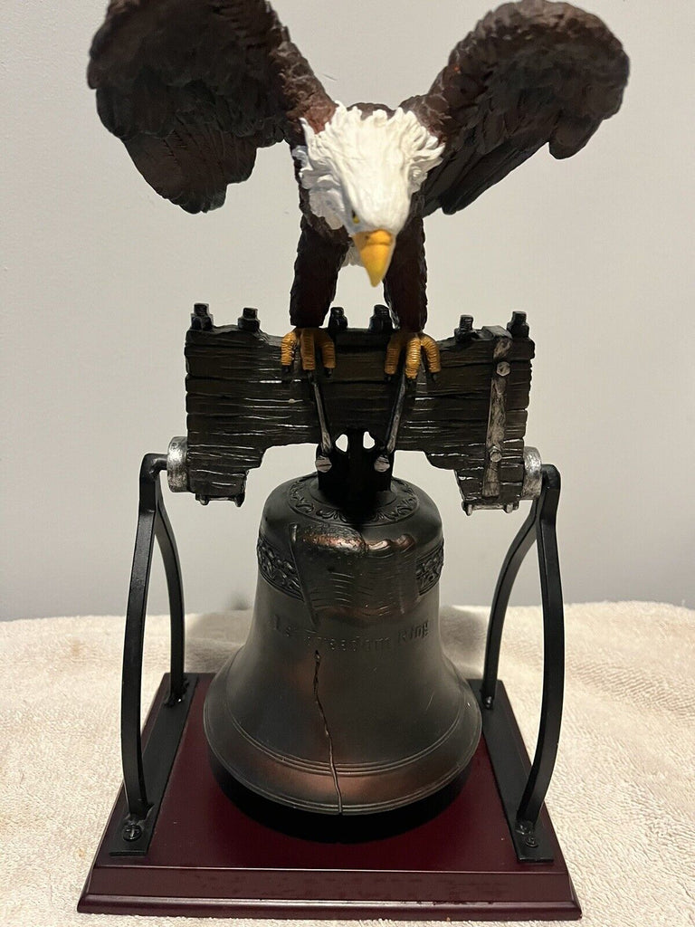 Liberty Bell and American Bald Eagle Figurine On Wood Base.