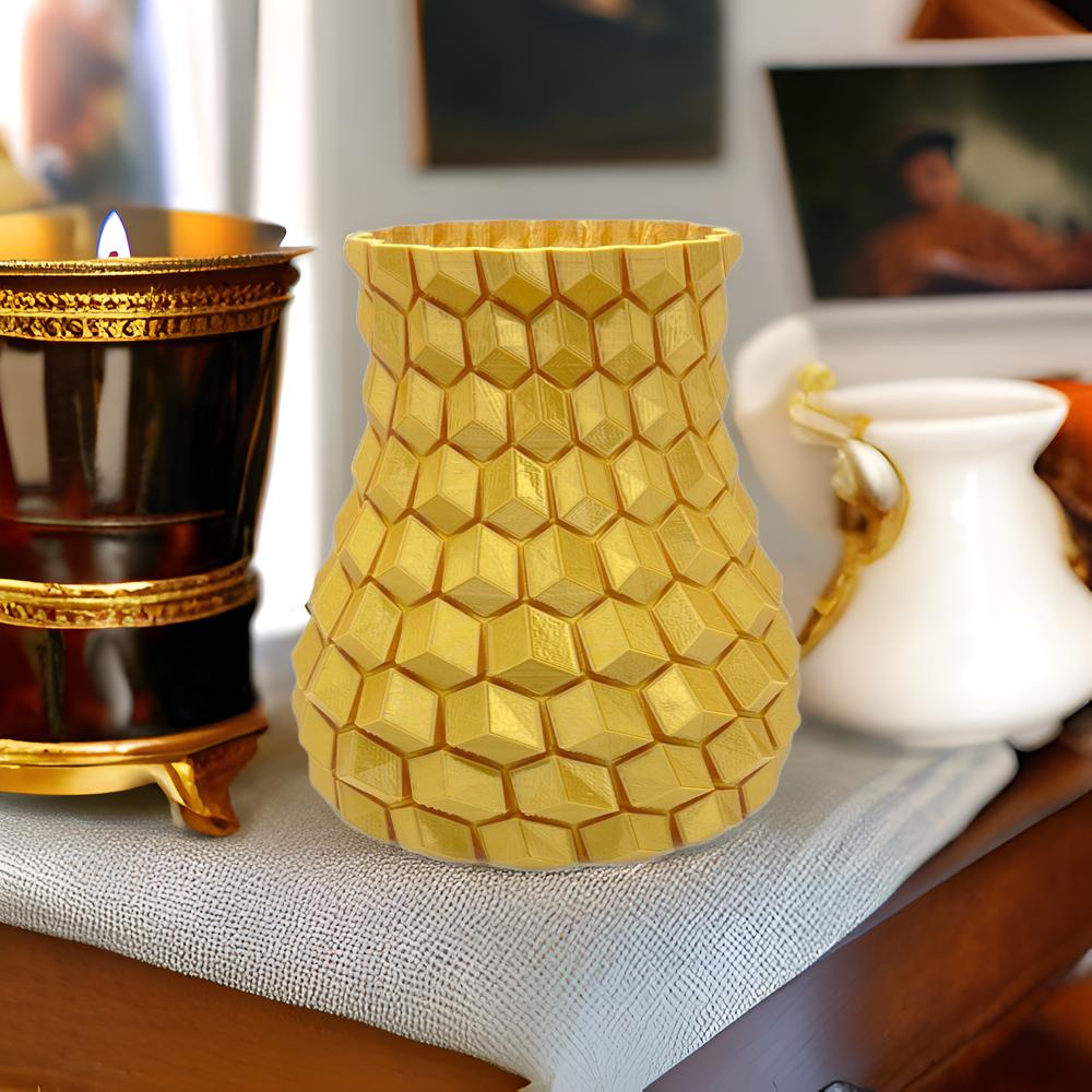3D Honeycomb Vase 6” tall Gold.